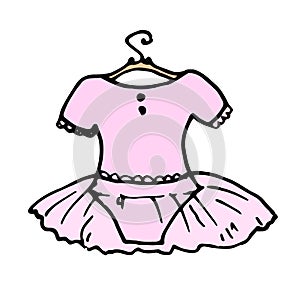 a baby pink tutu on a hanger. hand-drawn in the style of a sketch with a black line. children's ballerina costume on