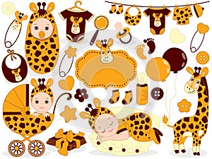 Vector Baby Set with Giraffe Pattern. Baby Shower Vector Illustration.