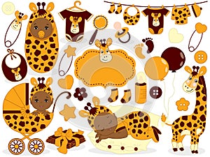 Vector Baby Set with Giraffe Pattern. Baby Shower Vector Illustration.