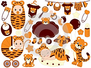 Vector Baby Set with Tiger Pattern. Vector Baby Shower.