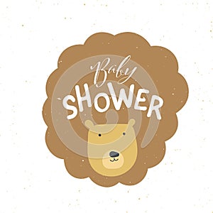 Vector baby shower banner template. Scandinavian design elements for invitation card, poster. Cute lion face with mane and text on