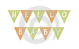 Vector baby shower banner template. Scandinavian design elements for invitation card, poster. Cute triangle badge on rope with