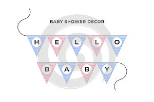 Vector baby shower banner template. Scandinavian design elements for invitation card, poster. Cute triangle blue and pink flag on