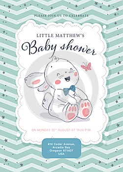 Vector baby shower design template. Cute hand drawn little bunny character.