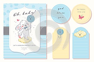 Vector baby shower design template. Cute hand drawn little bunny character. Flat lay.