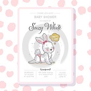 Vector baby shower design template. Cute hand drawn little bunny character. Flat lay.