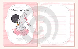 Vector baby shower design template. Cute hand drawn little bunny character. Flat lay.