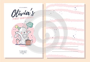 Vector baby shower design template. Cute hand drawn little bunny character. Flat lay.