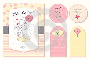 Vector baby shower design template. Cute hand drawn little bunny character. Flat lay. Pastel colors.