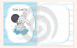 Vector baby shower design template. Cute hand drawn little bunny character.