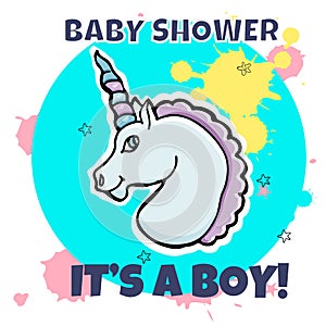 Vector baby shower greeting card. Inscription It`s a boy. Little