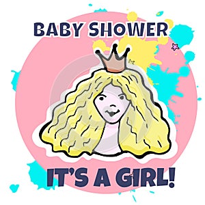 Vector baby shower greeting card. Inscription It`s a girl. Littl