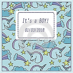 Vector baby shower greeting card. Text It`s a Baby boy. Little u