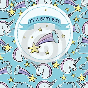 Vector baby shower greeting card. Text It`s a Baby boy. Unicorns