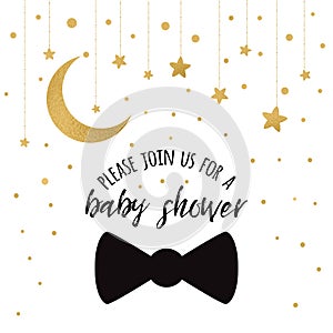 Vector Baby Shower Invitation Template with sparkle golden moon, stars, gentleman bow tie on white