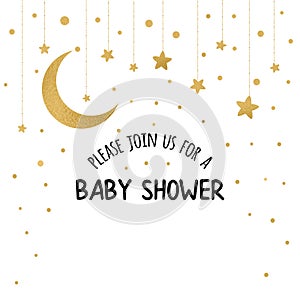 Vector Baby Shower Invitation Template with sparkle golden moon, stars on white