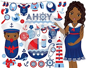 Vector Baby Shower Set with Pregnant Woman and Baby in Nautical