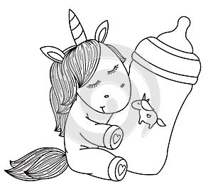Vector   baby unicorn cartoon holding bottle, black silhouette.