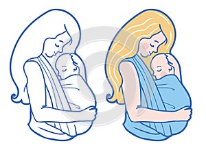 Vector Babywearing Illustration With Mother Hugging Baby In a Sling.