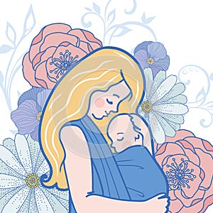 Vector Babywearing Illustration With Mother Hugging Baby In a Sling.