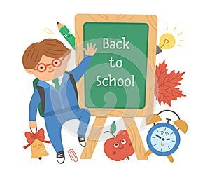 Vector back to school composition with cute schoolboy, chalkboard, alarm clock, bell, leaf. Funny educational design for banners,