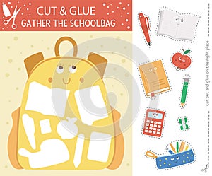 Vector back to school cut and glue activity. Autumn educational crafting game with cute kawaii schoolbag. Fun activity for kids.