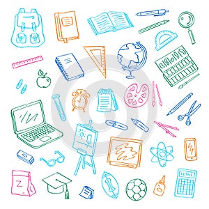 Vector back to school doodle elements set. Study and learning objects. Book, notebook, bag, ball, chalkboard