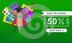 Vector back to school sale, banner template with 50 percent off discount offer, colorful realistic supplies and shop now button