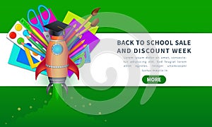 Vector back to school sale banner template with education supplies like pencils, paint brushes, color paper, palette, ruler