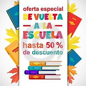 Vector Back to School Sale poster with books in Spanish language.