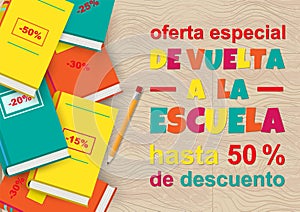 Vector Back to School Sale poster in Spanish language on wood texture