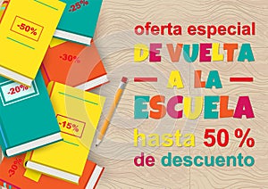 Vector Back to School Sale poster in Spanish language on wood texture photo