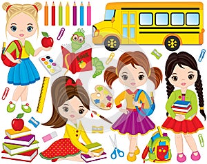 Vector Back to School Set with Cute Little Girls, Bookworm and School Stationery photo