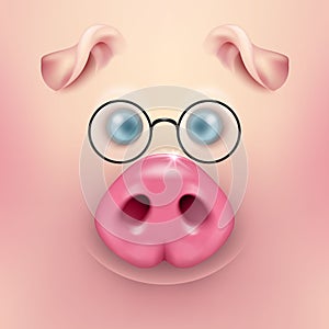 Vector background with 3d funny cartoon pig face with glasses closeup. Cute farm animal. Illustraration of small piglet