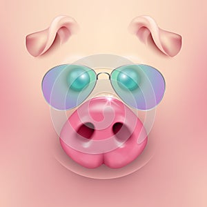 Vector background with 3d funny cartoon pig face with sunglasses closeup. Cute farm animal. Illustraration of small