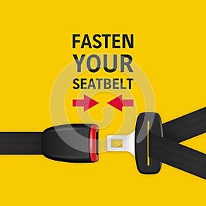 Vector Background with 3d Realistic Unblocked Passenger Seat Belt Clopeup Isolated on Yellow. Fasten Your Seatbelt