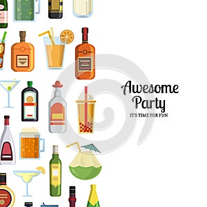 Vector background with alcoholic drinks in glasses and bottles
