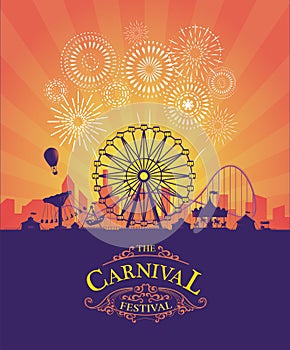 Vector background of amusement park. Poster design invitation of the carnival funfair and amusement with sunset. Ferris wheel,