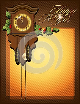 Vector background with antique clock and mistletoe for Christmas and New year