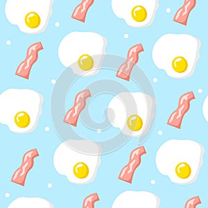 Vector background with bacon and scrambled eggs. Breakfast seamless pattern. Ornament for textile and wrapping