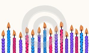 Vector background of birthday cake candles with lines and dots ornament. Celebration, greeting postcard backdrop, banner