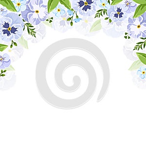 Vector background with blue and purple pansy and forget-me-not flowers.