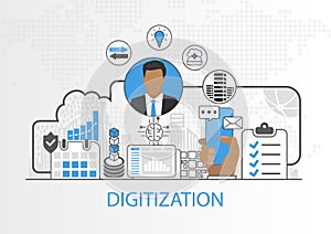 Vector background of businessman and icons for digitization concept