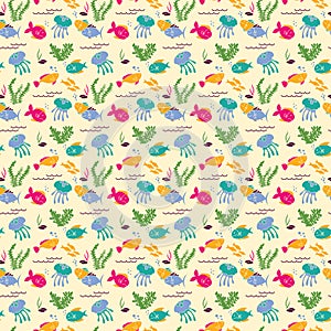 Vector background with cartoon sea fishes and plants.