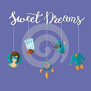 Vector background with cartoon sleep elements hanging