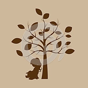 Vector background with children read a book under tree. Vector Illustration