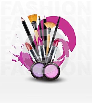 Vector background with cosmetics and make-up objects. (Flyer tem