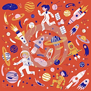 Vector background with cosmonauts, satelites, rockets, planets, moon and falling stars in doodle style