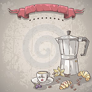 Vector background with a cup of coffee, coffee and croissants.