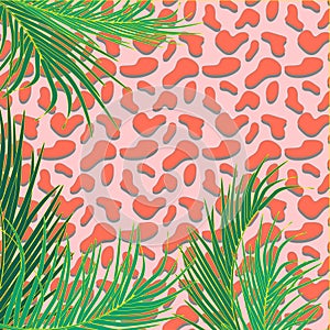 Vector background with decorative topical palm leaves on decorative background of leopard print. Bright and pastel trendy colors.